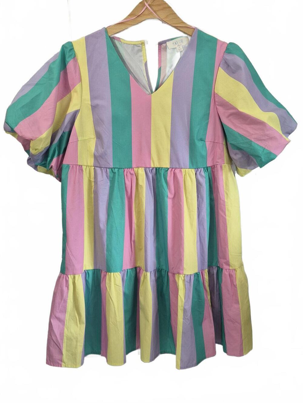 Peach Love 100% Cotton Mini Dress In A Colorful Pastel Stripe Pattern Featuring